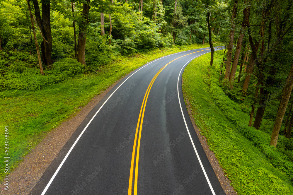 New road. Fresh asphalt on highway or freeway. Empty without traffic of car or truck roadway. Yellow double solid line. Country road passes through green forest. 