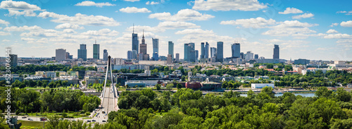 Swietokrzyski bridge and skyscrapers in city center, Warsaw aerial panoramic landscape under blue sky