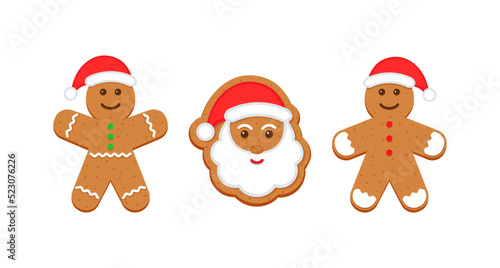 Two gingerbread man and Santa. Classic Christmas cookies. Xmas biscuit isolated on white background. Noel holiday sweet dessert. Cute ginger bread characters in flat design. Vector illustration.