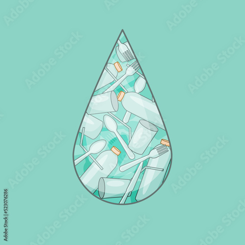 A drop of water contaminated with plastic disposable tableware. Ecological catastrophe of pollution of the world ocean