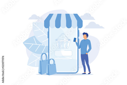 Digital marketplace application. Remote business. E commerce, internet store, mobile market. Customer using smartphone cartoon character. Vector illustration
