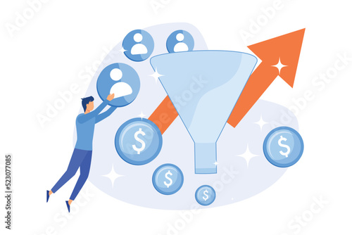 Manager working with target audience cartoon character. Marketing process, client conversion, website visitors. Lead generation, customer attraction. Vector illustration