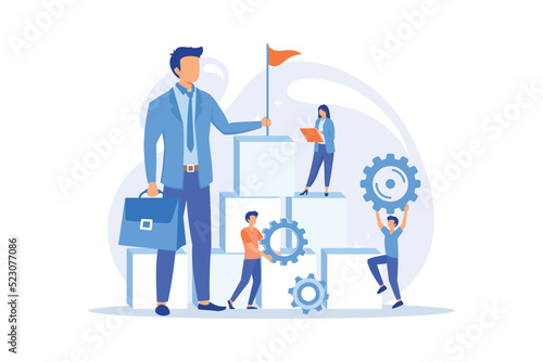 Business leadership motivation. Enterprise management, setting goals, achieving success. Ambitious boss, top manager controlling employees performance. Vector illustration