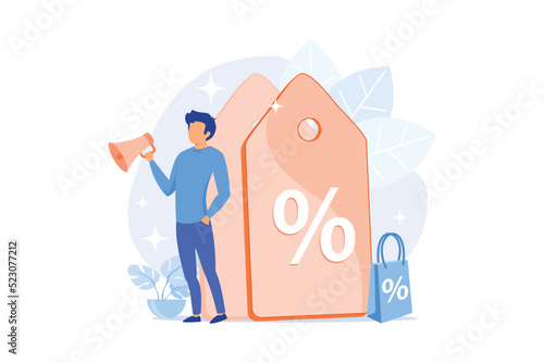 Sales promotion cartoon web icon. Marketing strategy, rebate advertising, discount offer. Low price idea. Clearance sale, customer attraction. Vector illustration