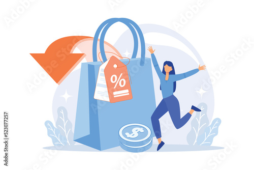 Shopping discounts and allowances cartoon web icon. Selling price reduction, retail sales, creative marketing. Special offer, customer attraction idea. Vector illustration
