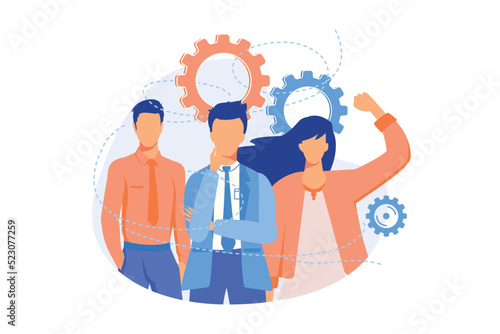 Teamwork. Collaboration, fellowship, partnership. Team building and cooperation technology. Business partners, colleagues cartoon characters. Vector illustration