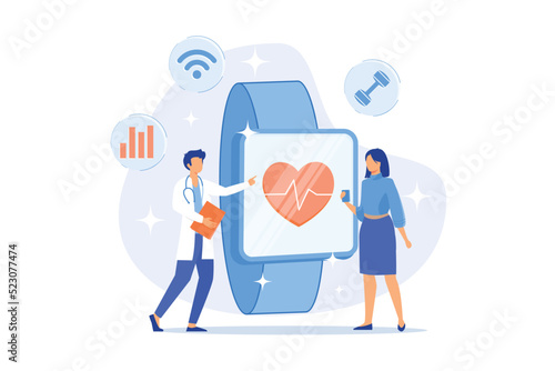 Heart rate on smartwatch. Portable pulse tracker. Wrist clock, watch with touchscreen, healthcare app. Fitness assistant. Gadget for workout. Vector isolated concept metaphor illustration.