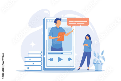 Video tutorial watching. Online lecture, Internet course, digital lesson. Tutor cartoon character. Video call, seminar, remote education.