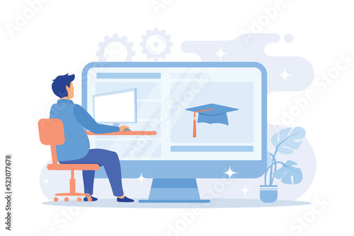 Online preparation for lesson. Internet school homework, university assignment, college online tasks. Young woman using remote classes website.