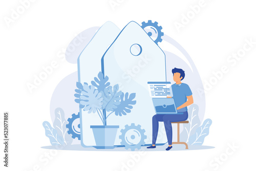 Freelance programming. Programmer cartoon character working with laptop, sitting in armchair. Freelancing, work from home, self-employed.