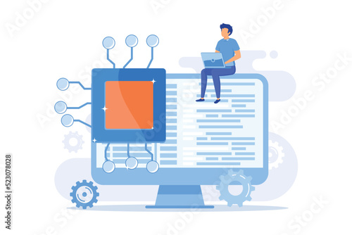 Online database, cloud disk. Data storage, information base, computer application. PC user, operator cartoon character. Information on monitor screen.