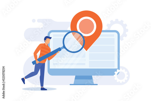 Location based advertisement. Geolocation software, online gps app, navigation system. Geographic restriction. Man searching address with magnifier. Vector illustration