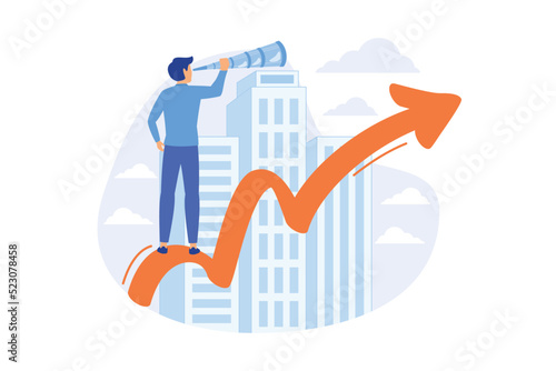 Business opportunities, chances. Professional ambitions, company development plans, searching innovation. Visionary entrepreneur anticipating new trends. Vector illustration