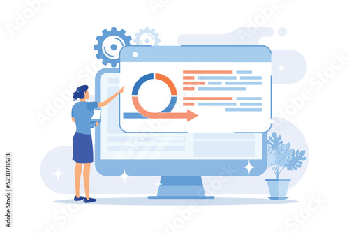 Woman using software cartoon character. Working process, workflow analysis, internet platform testing. Female programmer, professional financial analyst. Vector illustration