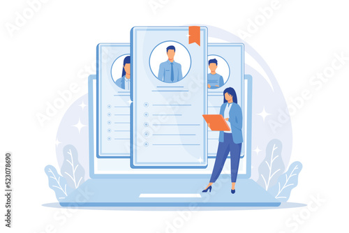 Human resource management. Job analysis, sourcing, screening and selection. Female cartoon character reading job applications and CV of candidates. Vector illustration