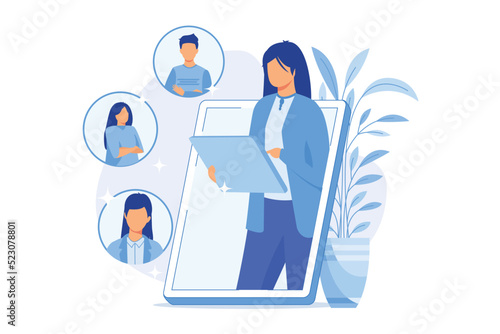 Social network. Online dating service, chatting, internet communication. Girl cartoon character looking at profiles with photo on social media. Vector illustration