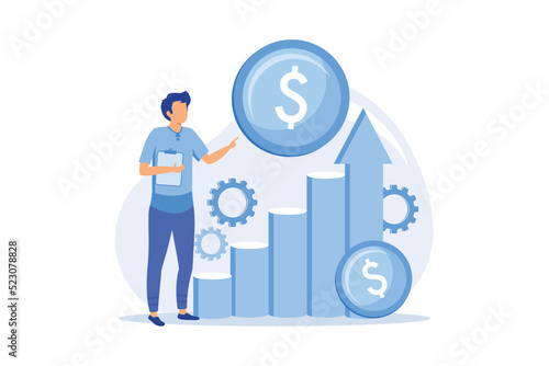 Sales growth. Commerce analytics, profit analysis, business analyst. Marketing plan. Marketologist holding clipboard cartoon character. Vector illustration