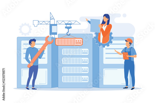 Engineers consolidating and structuring data in the center. Big data engineering, massive data operation, big data architecture concept. vector illustration