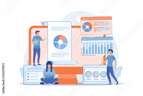 Business analysts performing idea management on computer screen. Innovation management software, brainstorming tools, inovation IT control concept. vector illustration