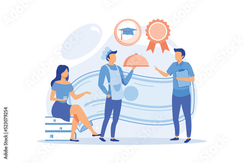 Restaurant quality certificate. Cafe food checking, bistro customer satisfaction, employee control. Catering service. Chef, waiter cartoon character. Vector illustration