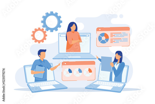 International business partners video conference. Web corporate meeting, webinar, online communication. Modern technologies, video chat. Vector illustration
