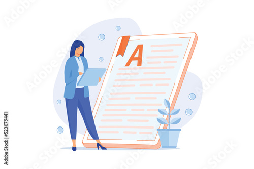 Book online reading. Digital library, e reading, ebooks archive. Internet bookstore. Mobile ereader. Document and text editing. Creative writing. Vector illustration