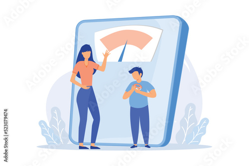 Losing weight. Female nutritionist cartoon character. Slimming, weightloss, dieting. Counting calories. Overweight man with hamburger. Vector illustration