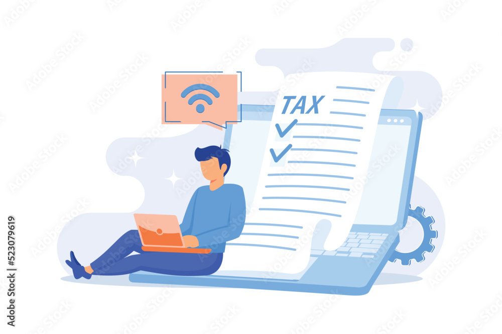 Convenient paying service. Link to main website. Easy access, opportune means, practical application. Man paying off debts with comfort. Vector illustration
