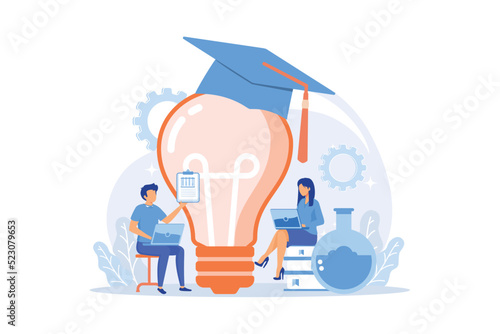 Interesting chemistry facts online searching. Self education, exam preparing, Internet surfing. Man and woman characters browsing scientific website. Vector illustration