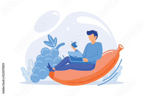 Organic fruits eating. Healthy snack  fruitarian diet  lunch break. Male freelancer cartoon character eating apple. Fresh natural bananas and grapes. Vector illustration