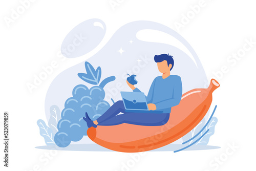 Organic fruits eating. Healthy snack, fruitarian diet, lunch break. Male freelancer cartoon character eating apple. Fresh natural bananas and grapes. Vector illustration