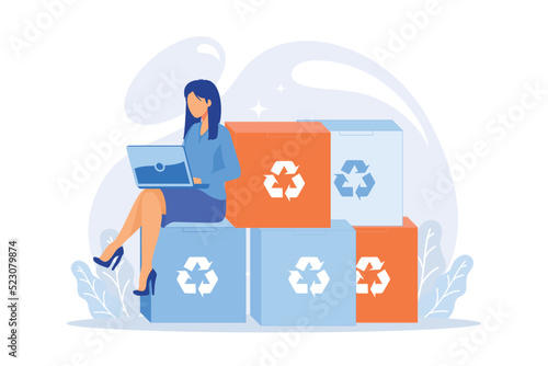 Recyclable and eco friendly packaging. Order tracking, Internet shopping, delivery service. Reusable cardboard boxes, ecological material container. Vector