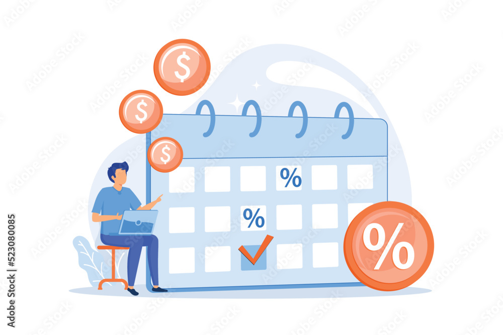Interest on deposit, profitable investment, fixed income. Regular payments, recurring cash receipts. Money recipient with calendar cartoon character. Vector illustration Interest on deposit, profitable investment, fixed income. Regular payments, recurring cash receipts. Money recipient with calendar cartoon character. Vector illustration