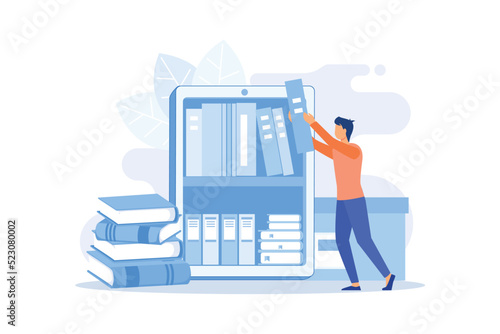 Ebooks collection. Library archive, e reading, literature. Male cartoon character loading books in ereader. Man putting novels in covers on bookshelf. Vector illustration