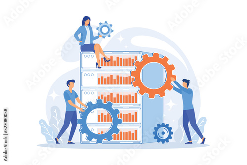 Server hardware maintenance. Teamwork fixing gear. Data storage, ethernet cluster, datacenter system. Supercomputer infrastructure. Workstation domain. Vector illustration