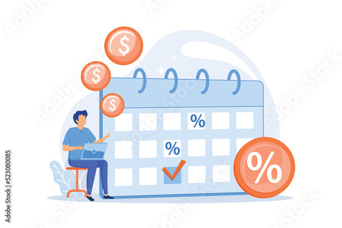 Interest on deposit, profitable investment, fixed income. Regular payments, recurring cash receipts. Money recipient with calendar cartoon character. Vector illustration photo