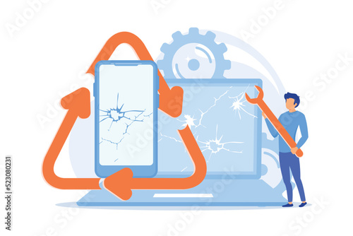 Broken electronics reusing. Damaged device fixing, repairing service, used portable gadgets. Smartphone and laptop with cracks on screen. Vector illustration