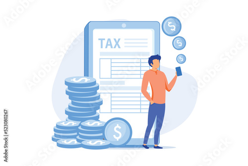 ariff repay. Compensate for online services. Duty, task overlook, remuneration. Imputed cost and overtaxing. Man standing with phone in hands. Vector illustration
