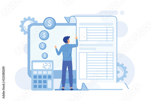 Electronic documentation. Man with registration. Checking repository log. Online approval, screen form, validation page. Expense chronicles. Vector illustration