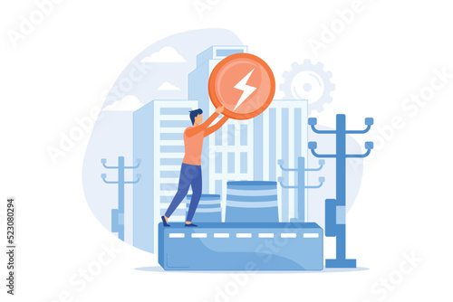 Power plant, electric industry, energy production. Electricity generation fabric, power substation, electrical energy source metaphor. Vector illustration