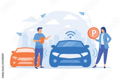Self-driving car with sensors automatically parked in parking lot. Self-parking car system, self-parking vehicle, smart parking technology concept. vector illustration
