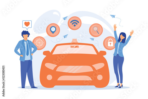 Businessman likes autonomous driverless car with smart technology icons. Autonomous driving, self-driving car, future transport system concept. vector illustration