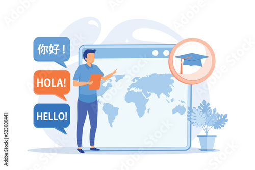 Foreign languages translating. Linguistics science, machine translation, university students exchange program. Language learning courses. Vector illustration