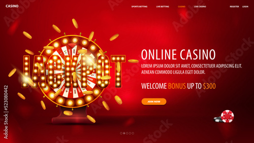Red banner with shining red Casino Wheel Fortune with falling gold coins on a bright red background.