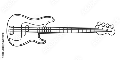 Bass guitar illustration in linear black and white style. photo