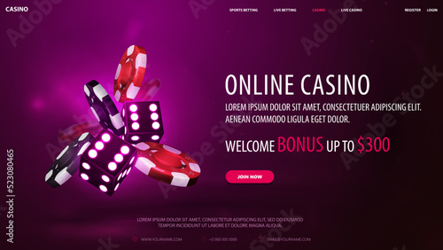 Casino web banner with purple neon 3D dice with red and black realistic gambling stack of casino chips on purple background