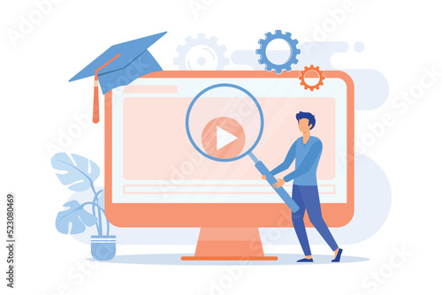 Internet lessons searching. Remote university, educational programs, online classes website. High school student with magnifying glass cartoon character. Vector illustration