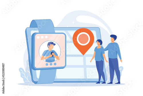 Parents looking at child location on tablet and GPS traking watch. GPS kids tracker, kids tracking and parental control concept on white background. vector illustration