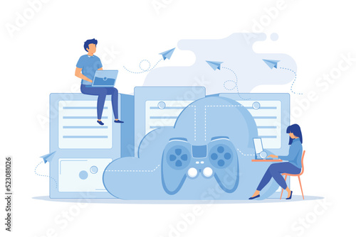 Two gamers playing computer connected with joystick. Gaming on demand, video and file streaming, cloud technology vector illustation