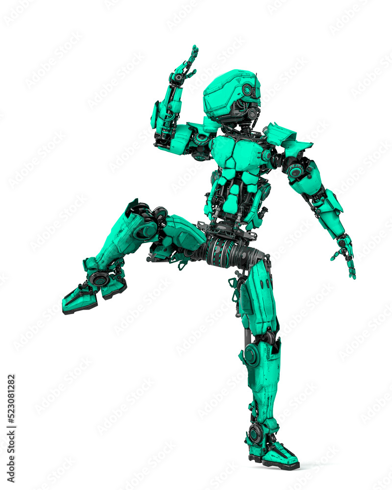mega robotin is doing some kung fu fighting on white background top view mega robotin is doing some kung fu fighting on white background top view
